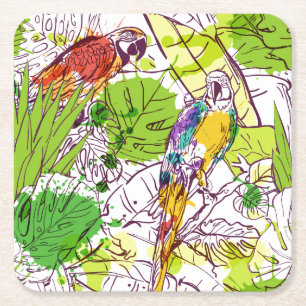 Tropical Parrots Square Paper Coaster
