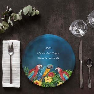 Tropical party blue parrots house family name paper plate