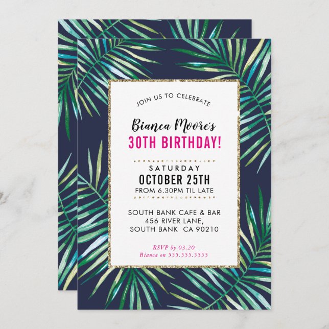 TROPICAL PARTY INVITE watercolor palm leaves luau (Front/Back)