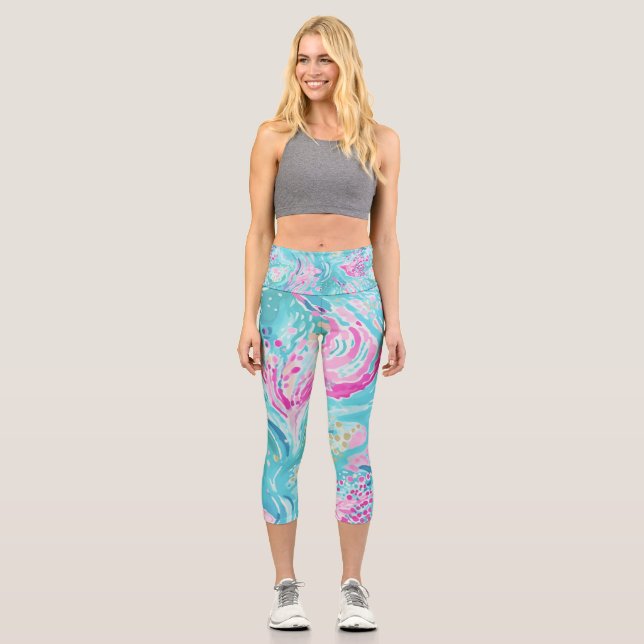 Tropical Pastel Caribbean Sea Coral Reef Summer  Capri Leggings (Front)