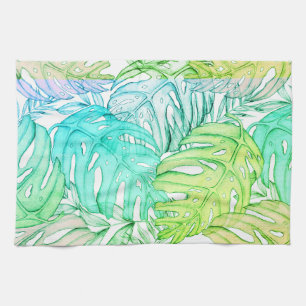 Tropical pastel monstera leaf watercolor pattern tea towel