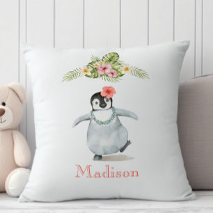 Tropical pastel pink floral baby penguin nursery cushion