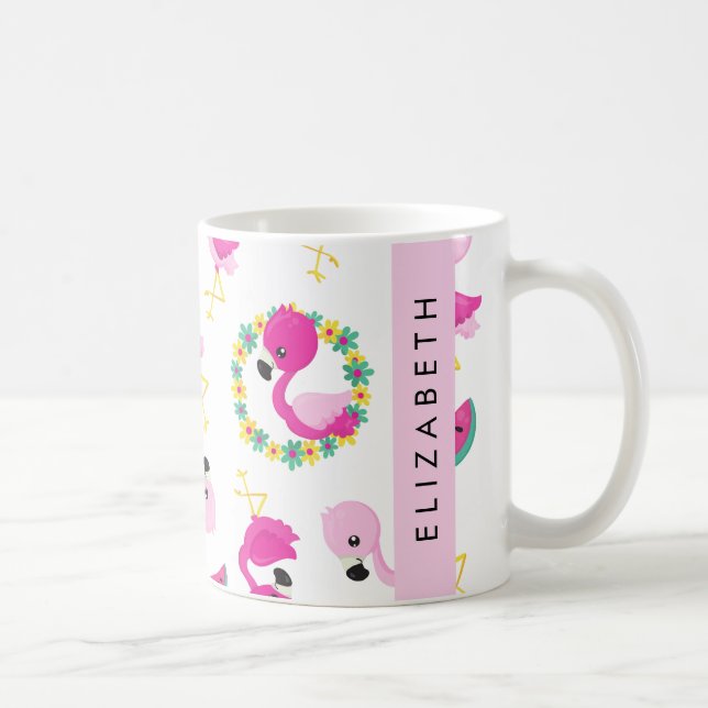 Tropical Pattern, Flamingos, Flowers, Your Name Coffee Mug (Right)