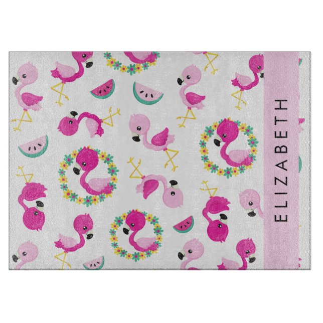 Tropical Pattern, Flamingos, Flowers, Your Name Cutting Board (Front)