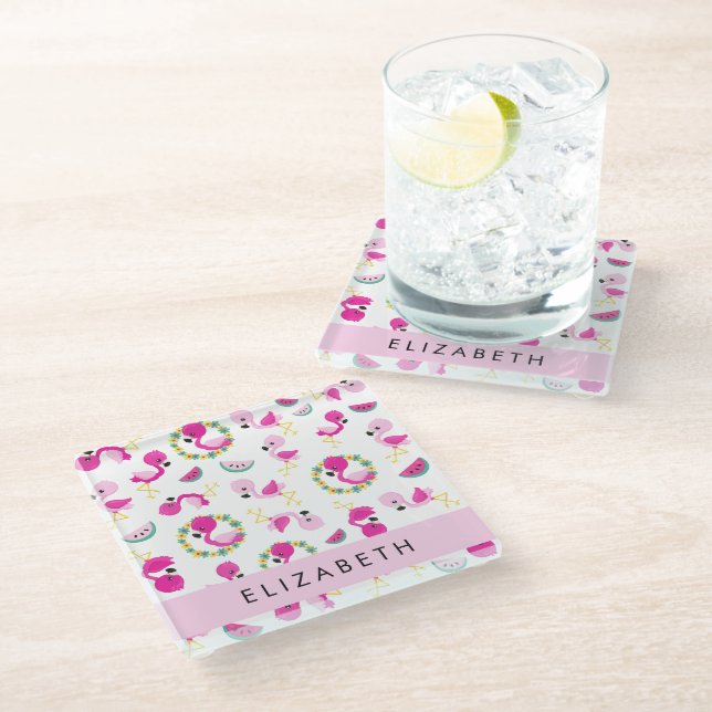 Tropical Pattern, Flamingos, Flowers, Your Name Glass Coaster (Angled)