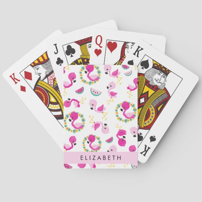 Tropical Pattern, Flamingos, Flowers, Your Name Playing Cards (Back)