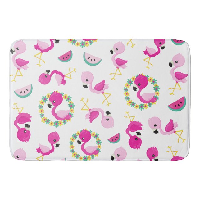 Tropical Pattern, Flamingos, Watermelons, Flowers Bath Mat (Front)