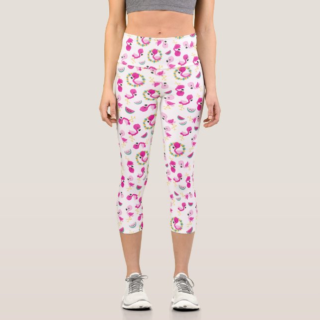 Tropical Pattern, Flamingos, Watermelons, Flowers Capri Leggings (Front)