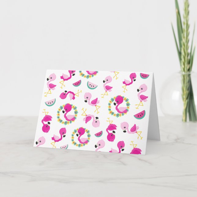 Tropical Pattern, Flamingos, Watermelons, Flowers Card (Front)