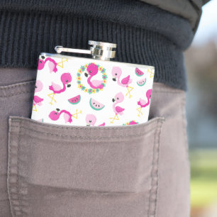 Tropical Pattern, Flamingos, Watermelons, Flowers Hip Flask