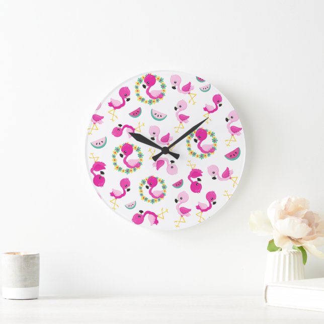 Tropical Pattern, Flamingos, Watermelons, Flowers Large Clock (Home)