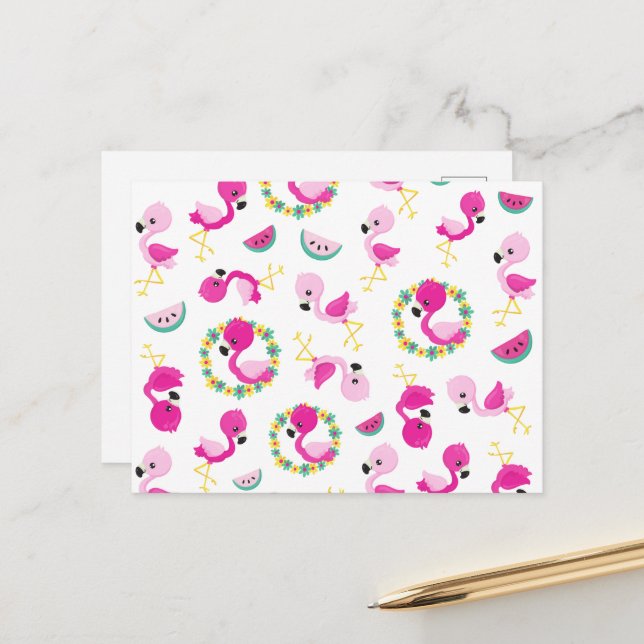 Tropical Pattern, Flamingos, Watermelons, Flowers Postcard (Front/Back In Situ)