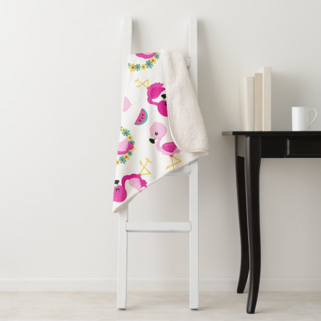 Tropical Pattern, Flamingos, Watermelons, Flowers Sherpa Blanket (In Situ)