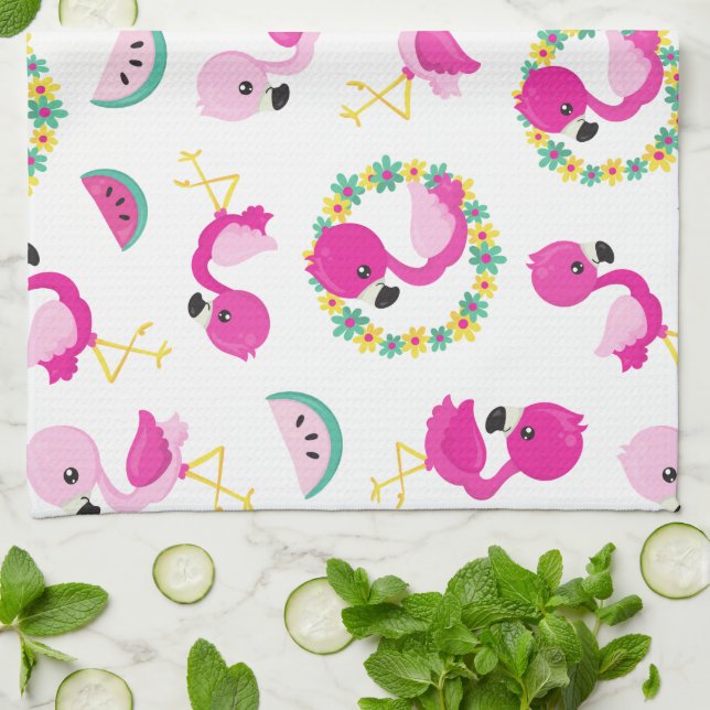 Tropical Pattern, Flamingos, Watermelons, Flowers Tea Towel (Folded)
