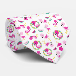 Tropical Pattern, Flamingos, Watermelons, Flowers Tie