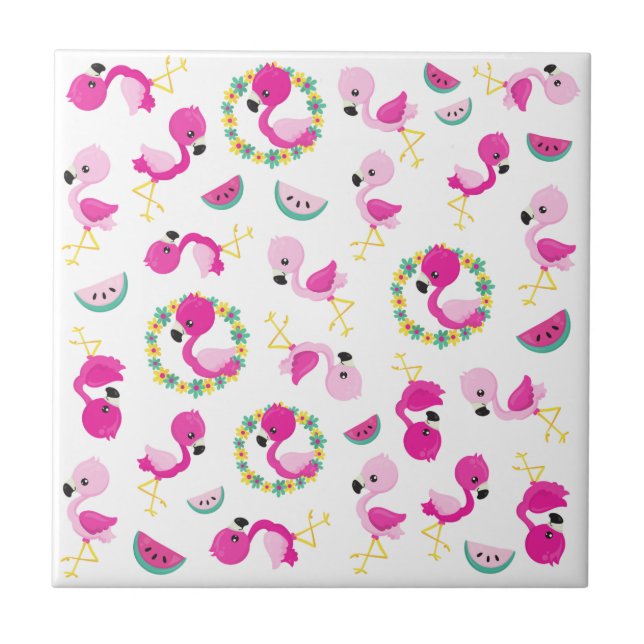Tropical Pattern, Flamingos, Watermelons, Flowers Tile (Front)