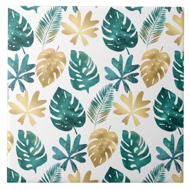 Tropical Pattern Green Yellow Gold Palm Leaves Tile (Front)