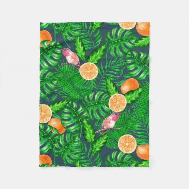 Tropical pattern, hummingbirds fleece blanket (Front)