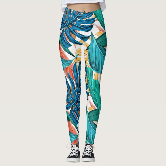Tropical pattern, jungle palm leafs, floral theme leggings (Front)