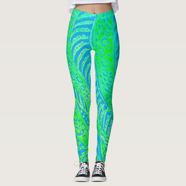 Tropical Pattern, Line Round Curve, Blue Turquoise Leggings (Front)
