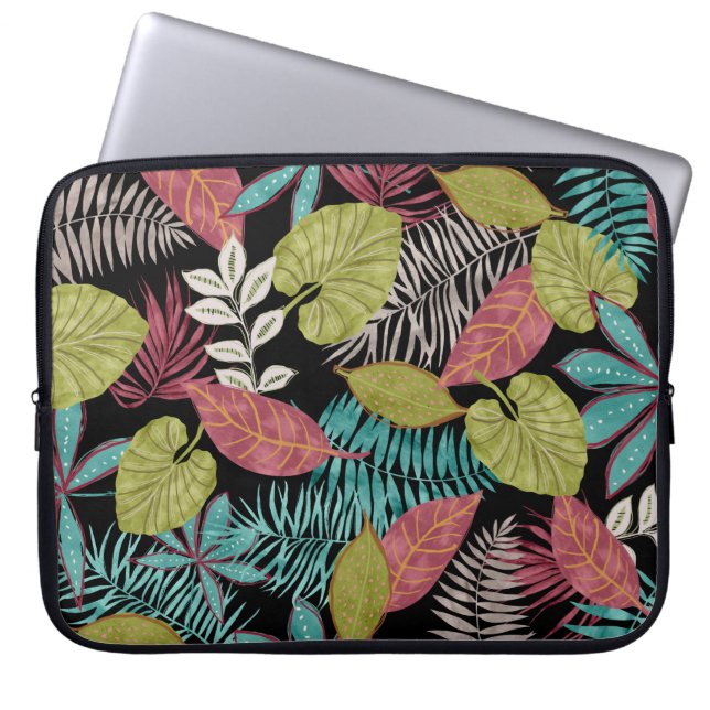 Tropical pattern made with dark background and lea laptop sleeve (Front)