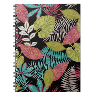 Tropical pattern made with dark background and lea notebook