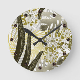 Tropical pattern monstera palm leaves exotic round clock