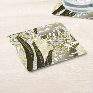 Tropical pattern monstera palm leaves exotic square paper coaster