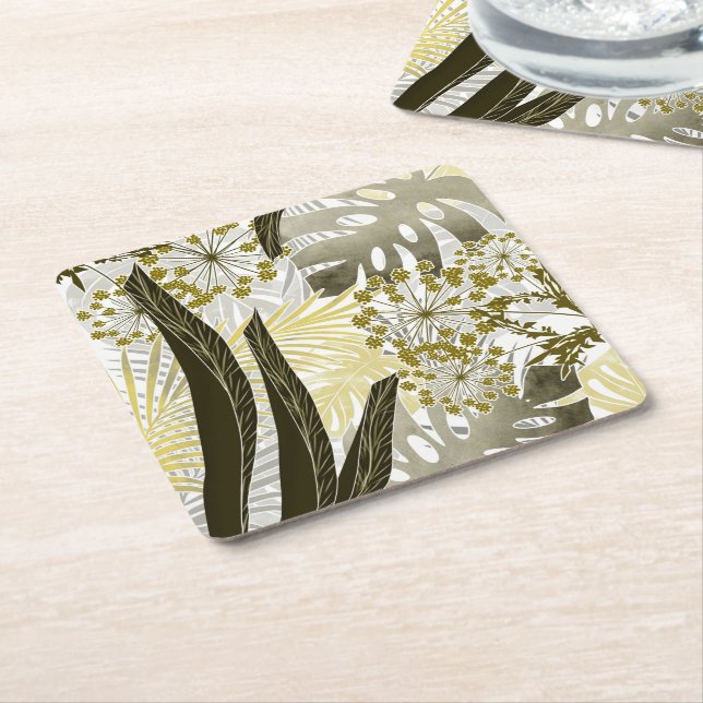 Tropical pattern monstera palm leaves exotic square paper coaster (Angled)