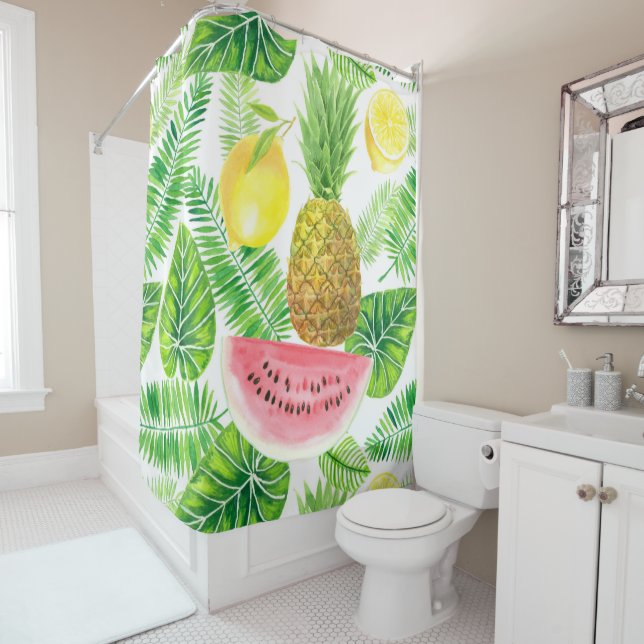 Tropical pattern shower curtain (In Situ)