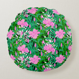 Tropical Pattern With Jungle Flowers Round Cushion