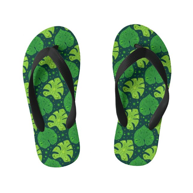 Tropical pattern with liana and monstera leaves kid's jandals (Footbed)