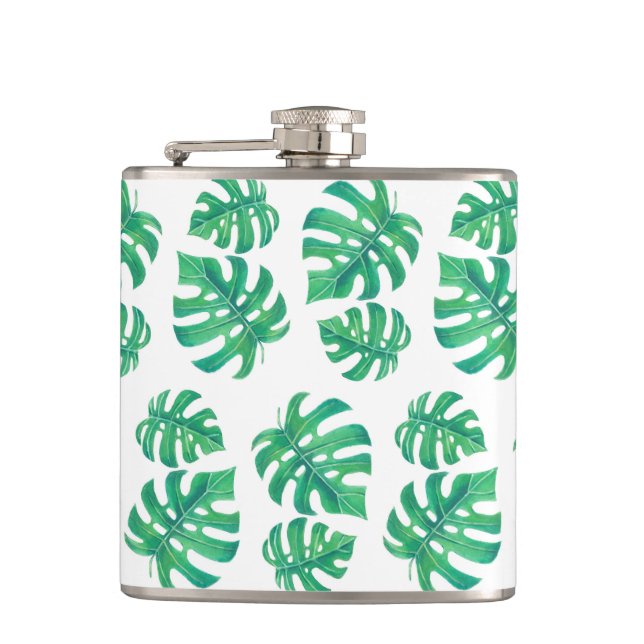 Tropical pattern with monstera leaves hip flask (Front)