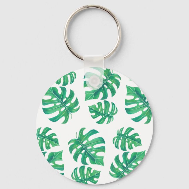 Tropical pattern with monstera leaves key ring (Front)