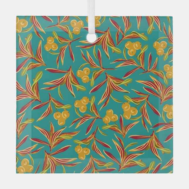 Tropical Pattern with Red and Yellow Leaves Glass Tree Decoration (Front)