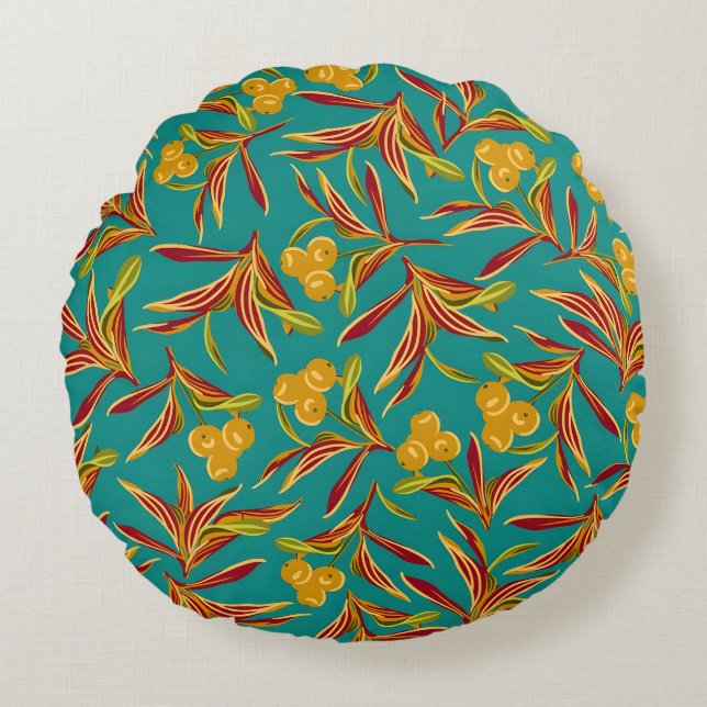 Tropical Pattern with Red and Yellow Leaves Round Cushion (Front)