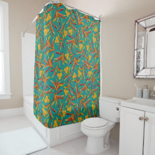 Tropical Pattern with Red and Yellow Leaves Shower Curtain
