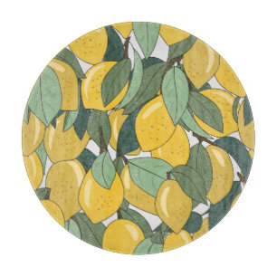 Tropical Pattern with Yellow Lemons. Cutting Board