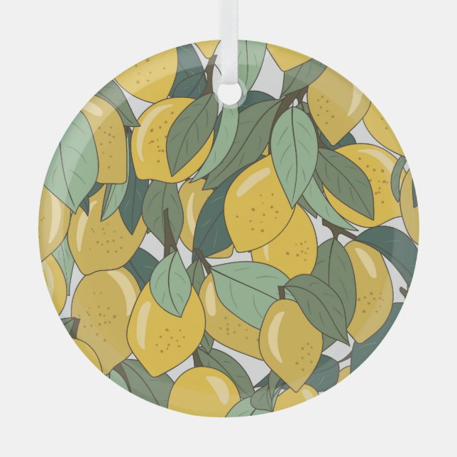 Tropical Pattern with Yellow Lemons. Glass Tree Decoration (Front)