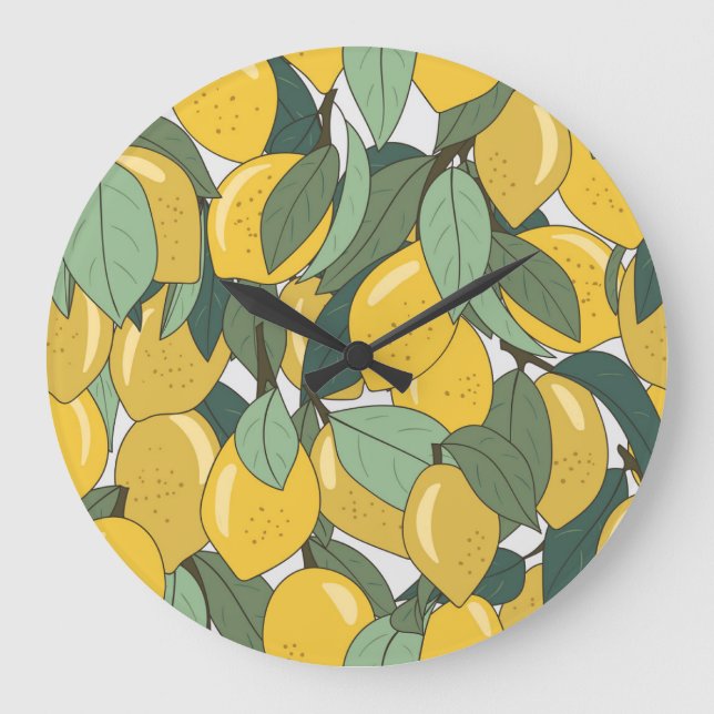 Tropical Pattern with Yellow Lemons. Large Clock (Front)