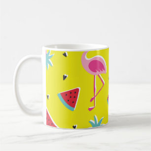 tropical patternwith pink pineapple, flamingos, w coffee mug