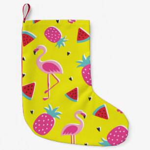 tropical patternwith pink pineapple, flamingos, w small christmas stocking