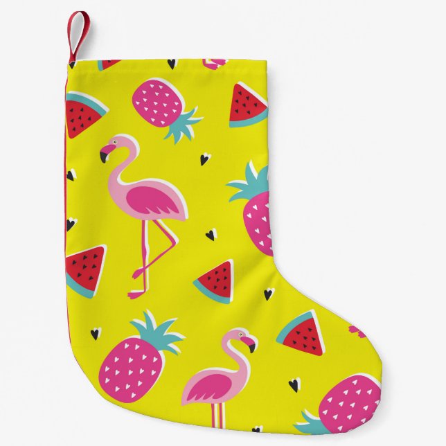  tropical patternwith pink pineapple, flamingos, w small christmas stocking (Front)
