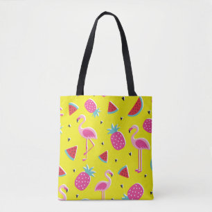 tropical patternwith pink pineapple, flamingos, w tote bag