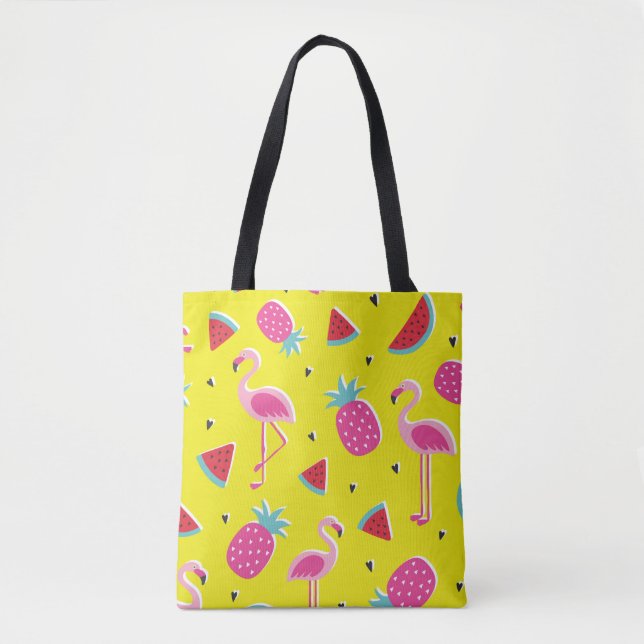  tropical patternwith pink pineapple, flamingos, w tote bag (Front)