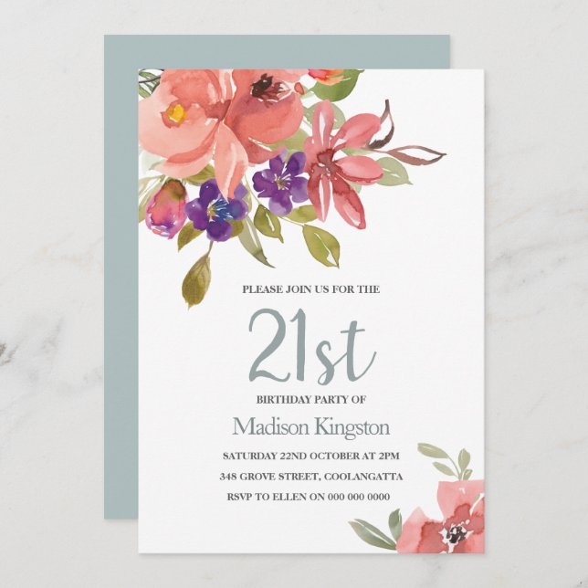 Tropical Peach Flowers 21st Birthday Party Invite (Front/Back)