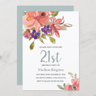 Tropical Peach Flowers 21st Birthday Party Invite