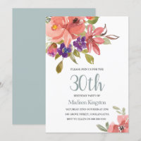 Tropical Peach Flowers 30th Birthday Party Invite