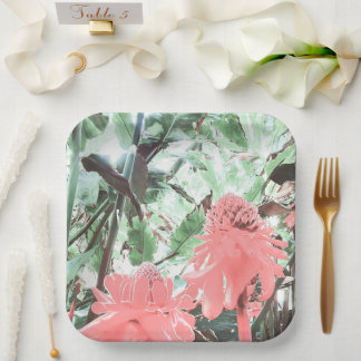 Tropical Peach Garden Wedding Square Paper Plate