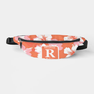 Tropical peach hibiscus personalised Monogram Bum Bags